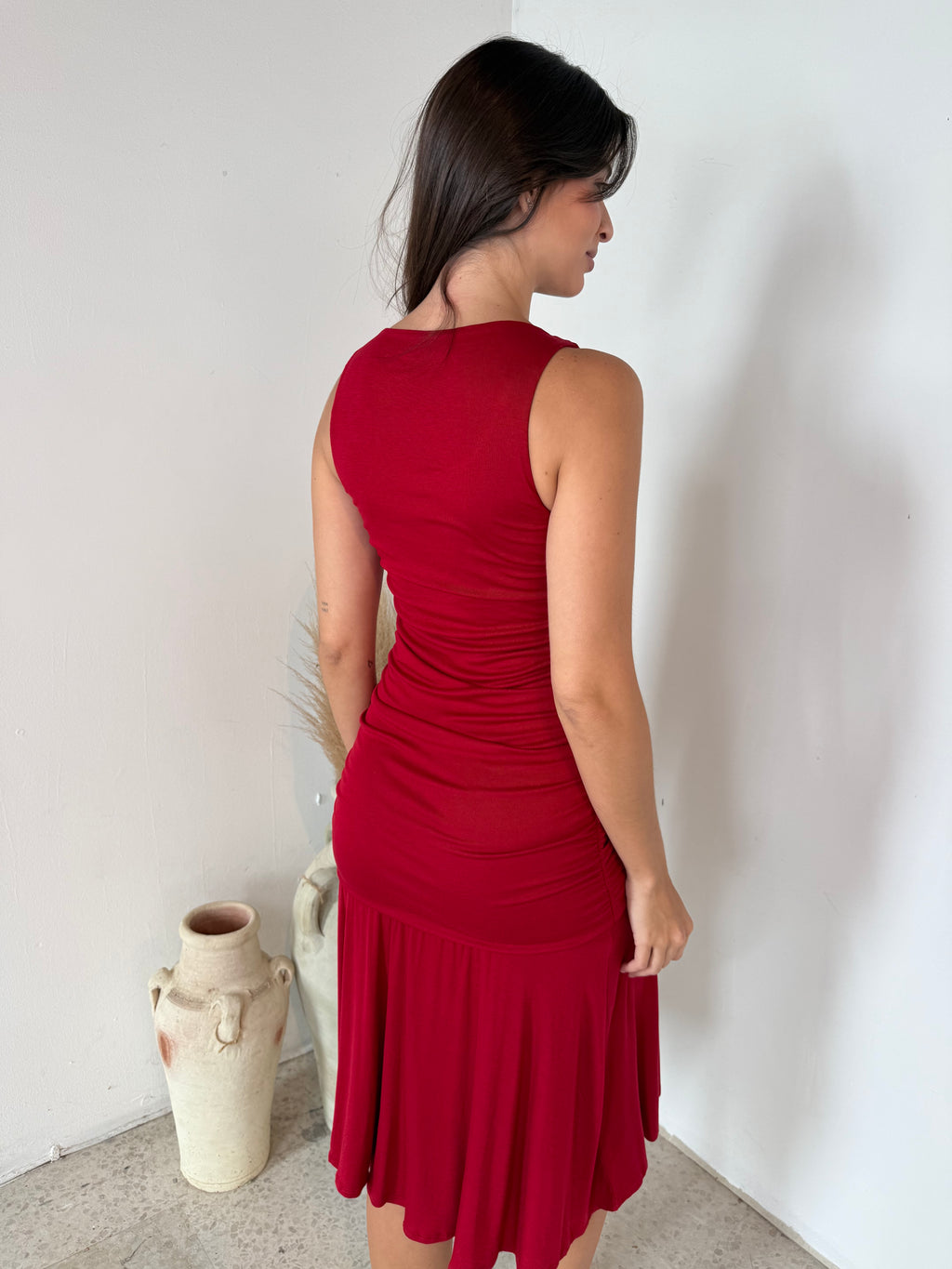 Red Ruched Midi Dress