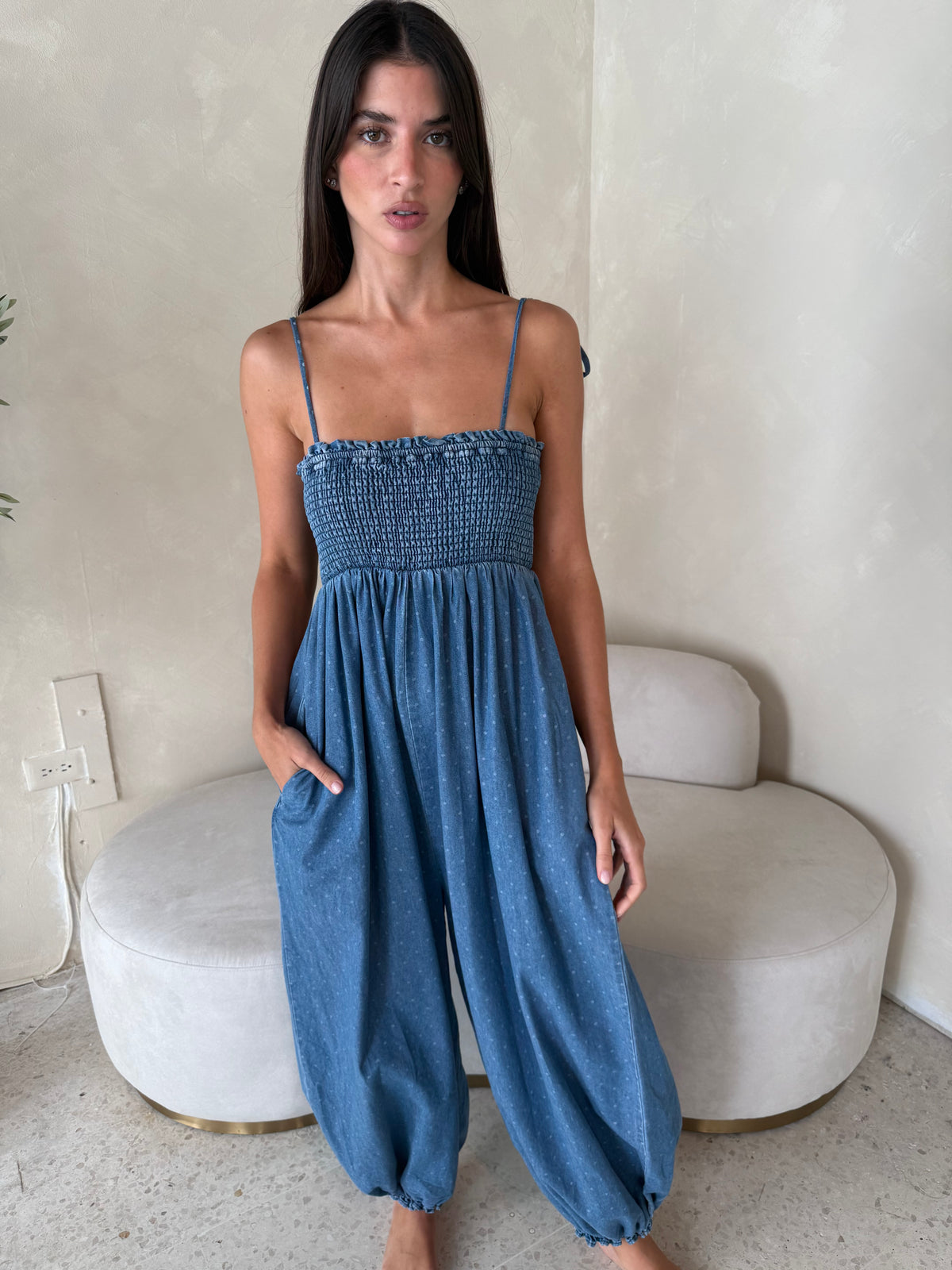 Polka Denim Smocked Jumpsuit