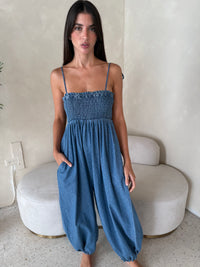 Polka Denim Smocked Jumpsuit