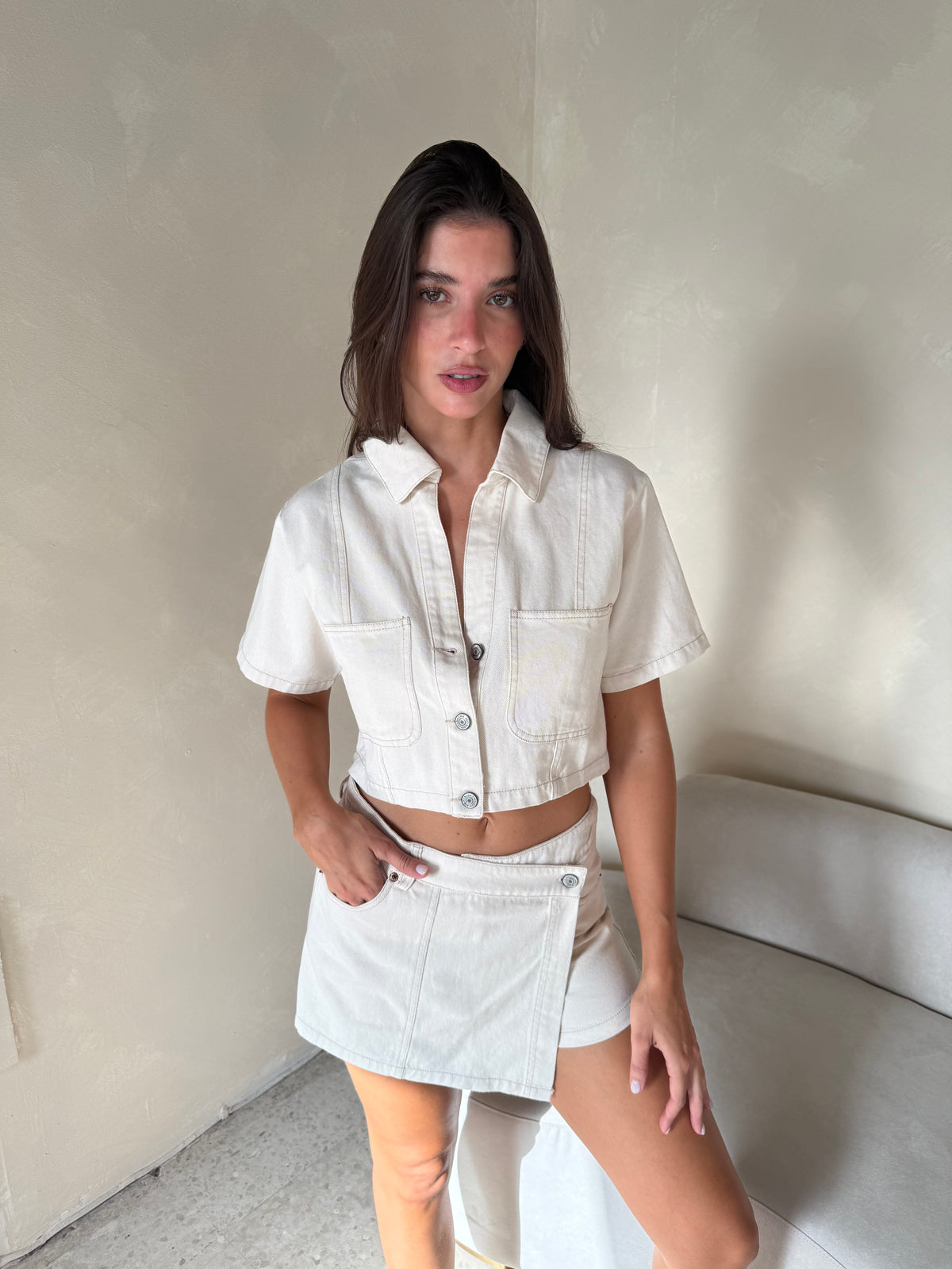 Ecru Denim Top & Skort Set