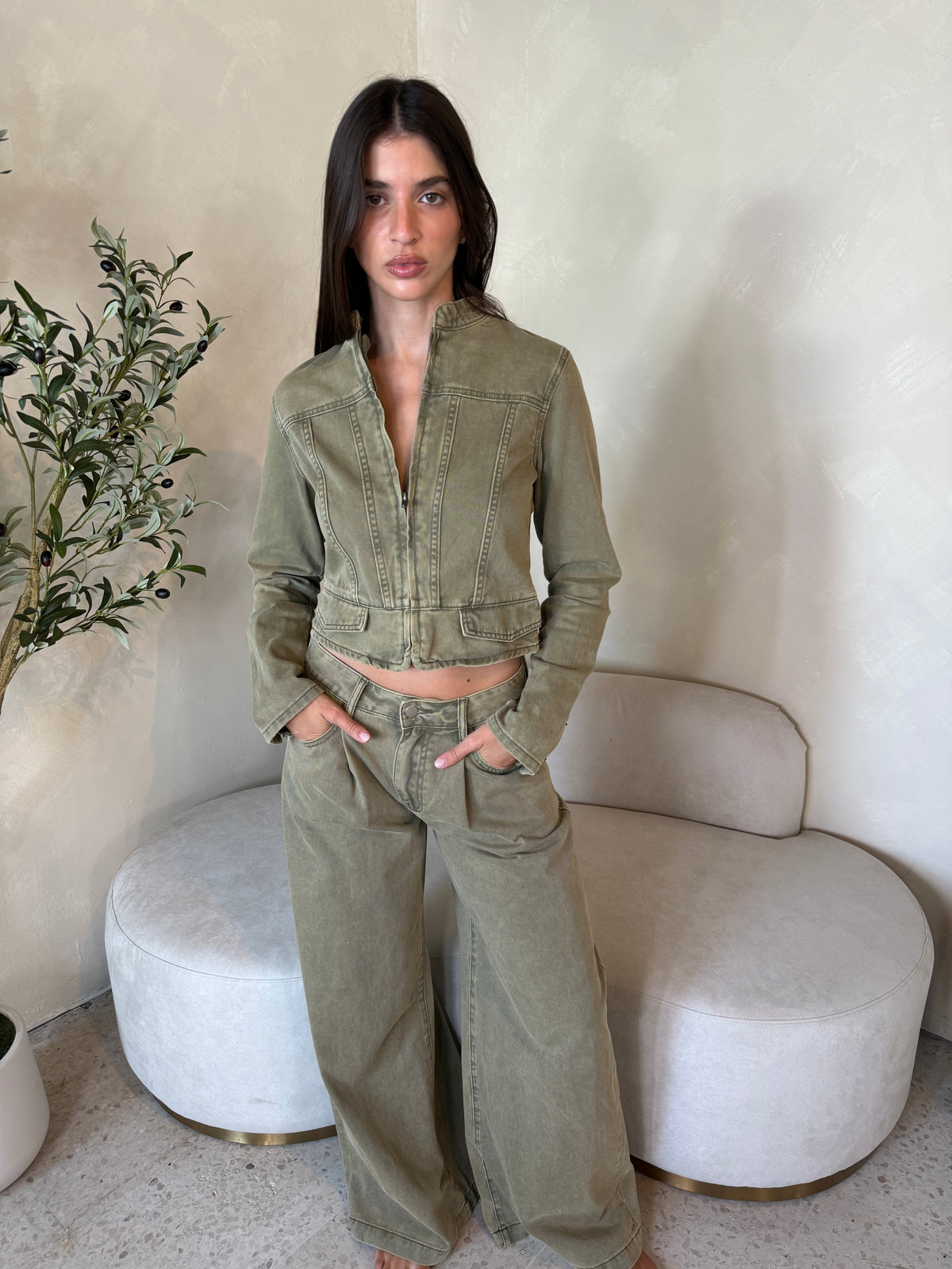 Olive Denim Jacket & Pant Set