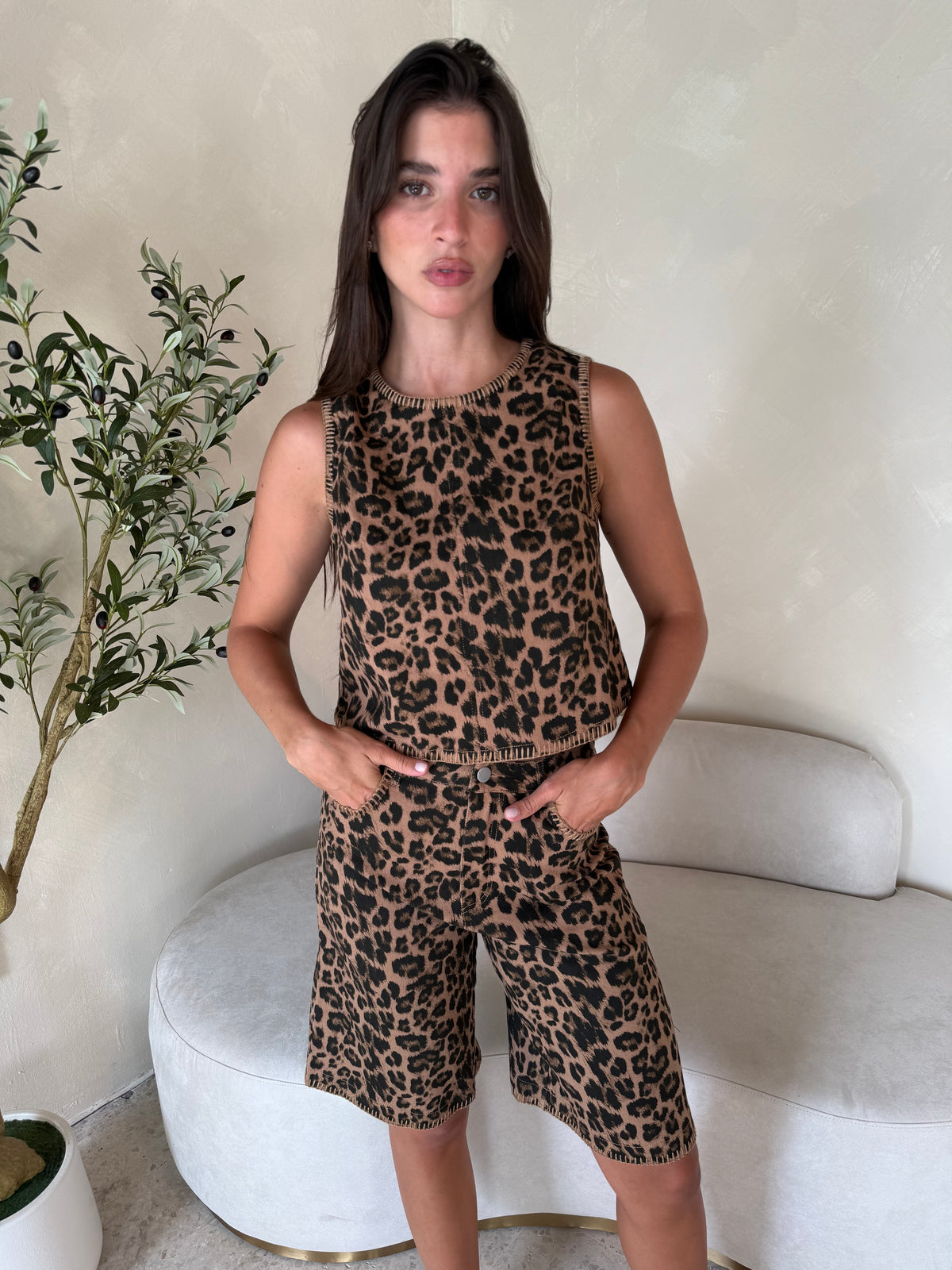 Leopard Top & Bermuda Pants Set