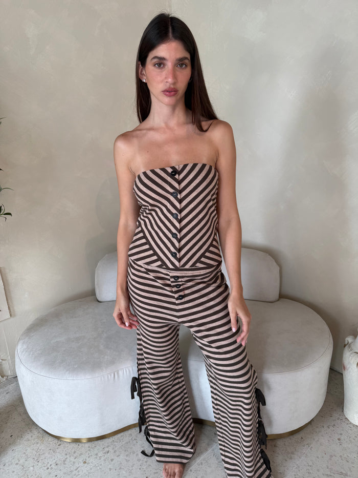 Mocha Stripe Lounge Strapless Top & Pant Set