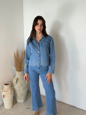 Denim Embroidered LS Top