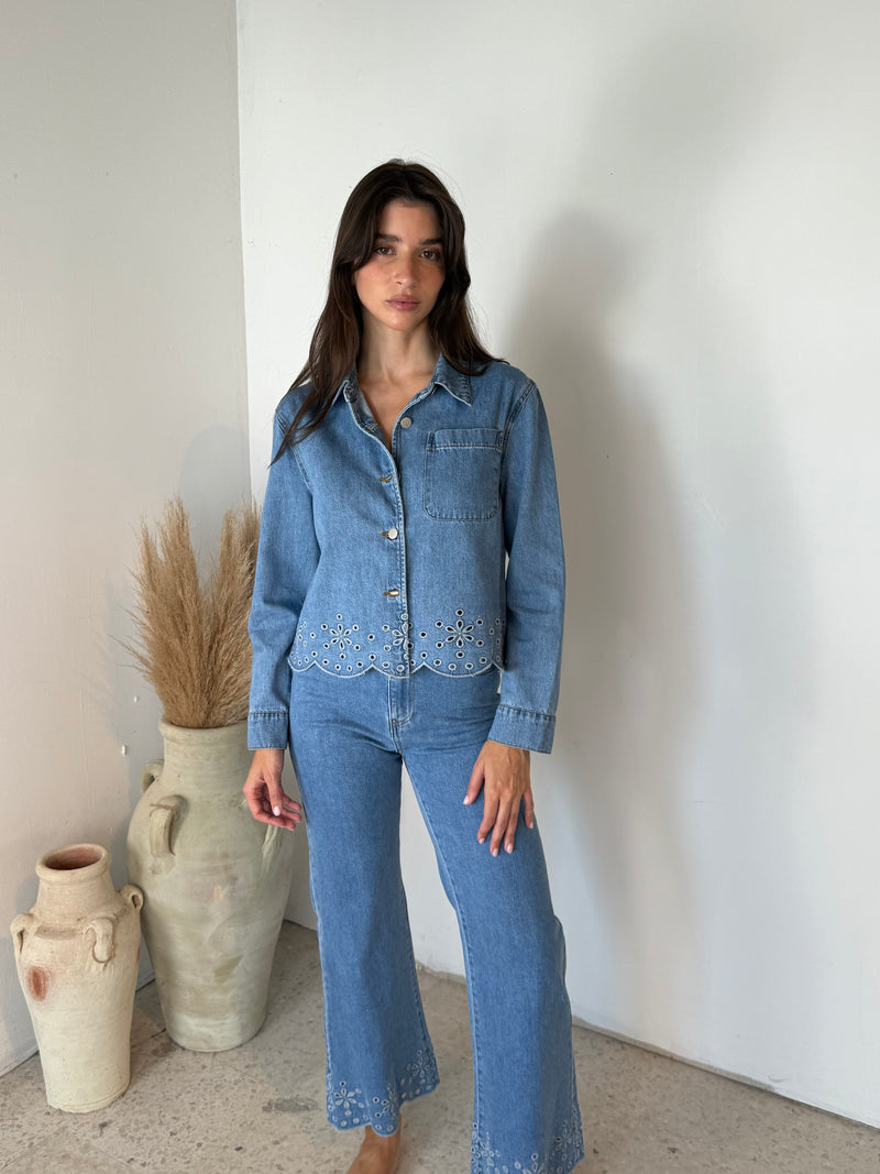 Denim Embroidered LS Top