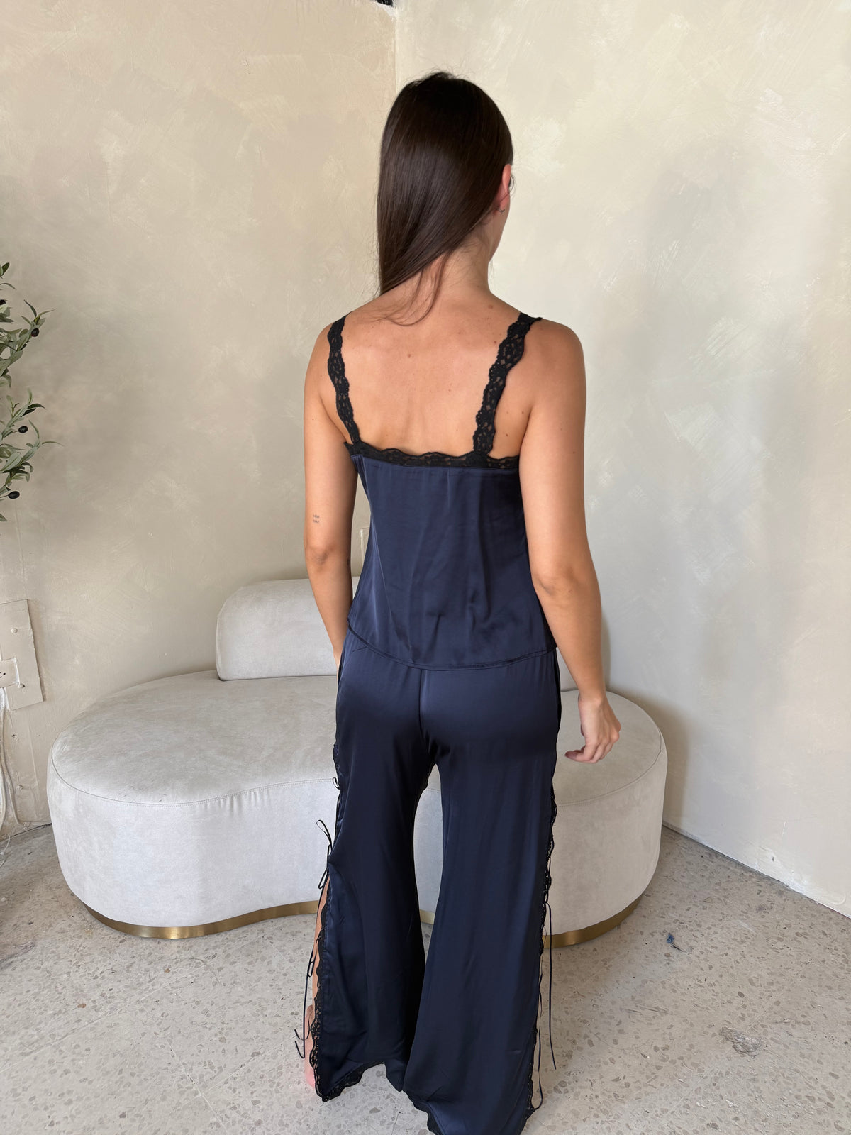 Satin Lace Trim Top & Pant Set