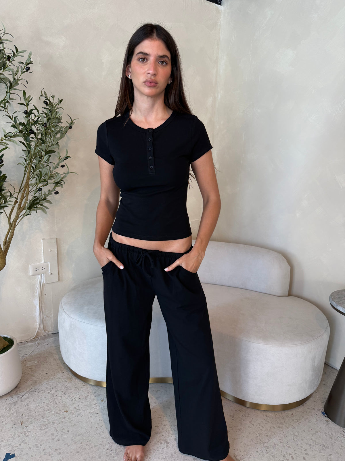 SS Button Top & Drawstring Wide Leg Pants