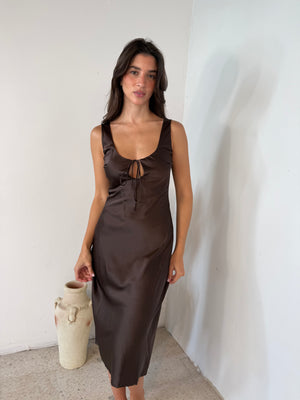 Brown Satin Midi Dress