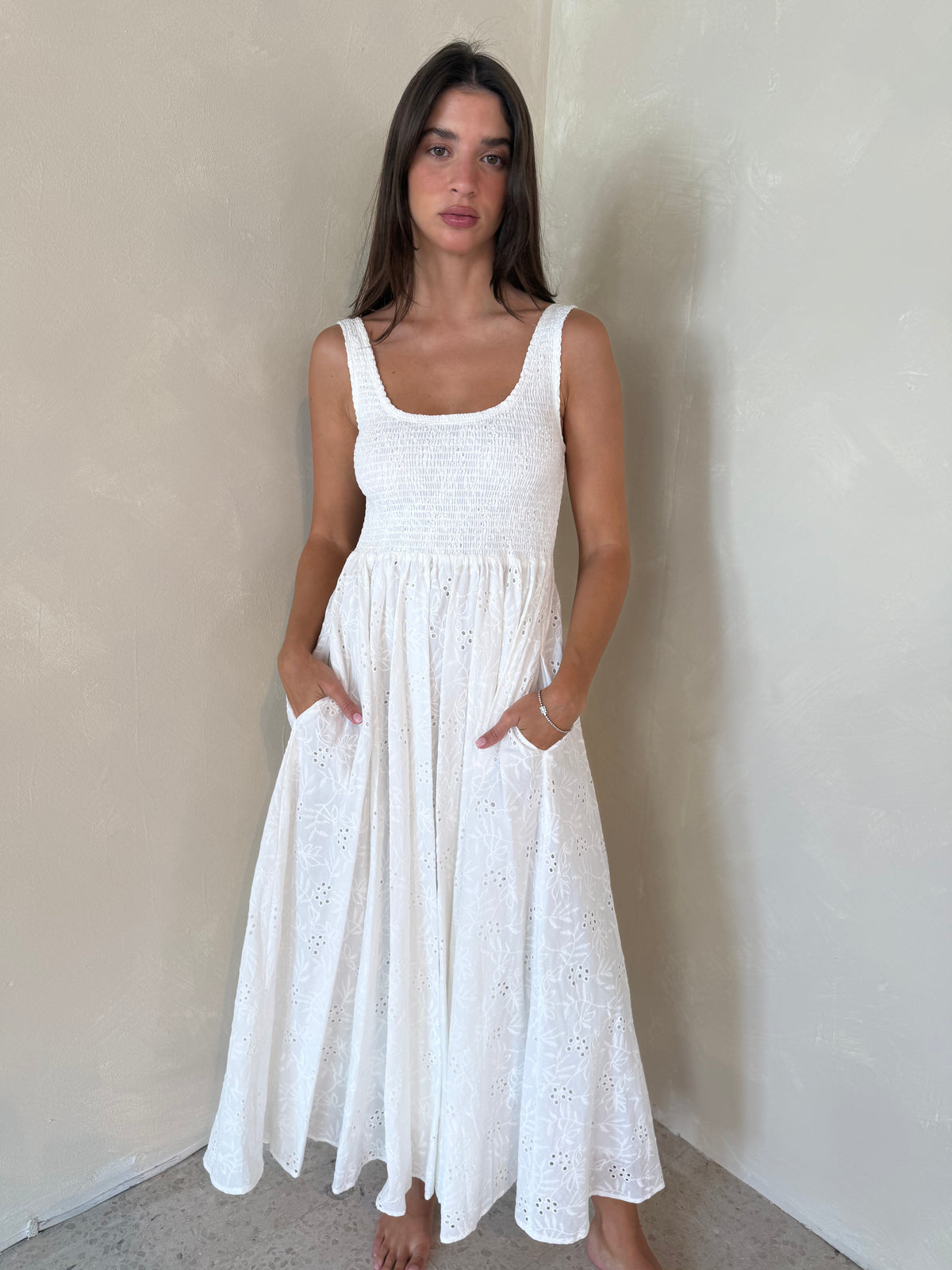 Eyelet Smocked Maxi Dress