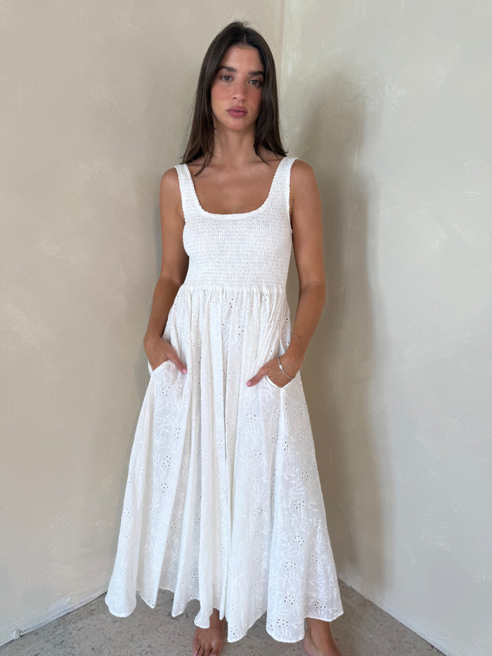 Eyelet Smocked Maxi Dress