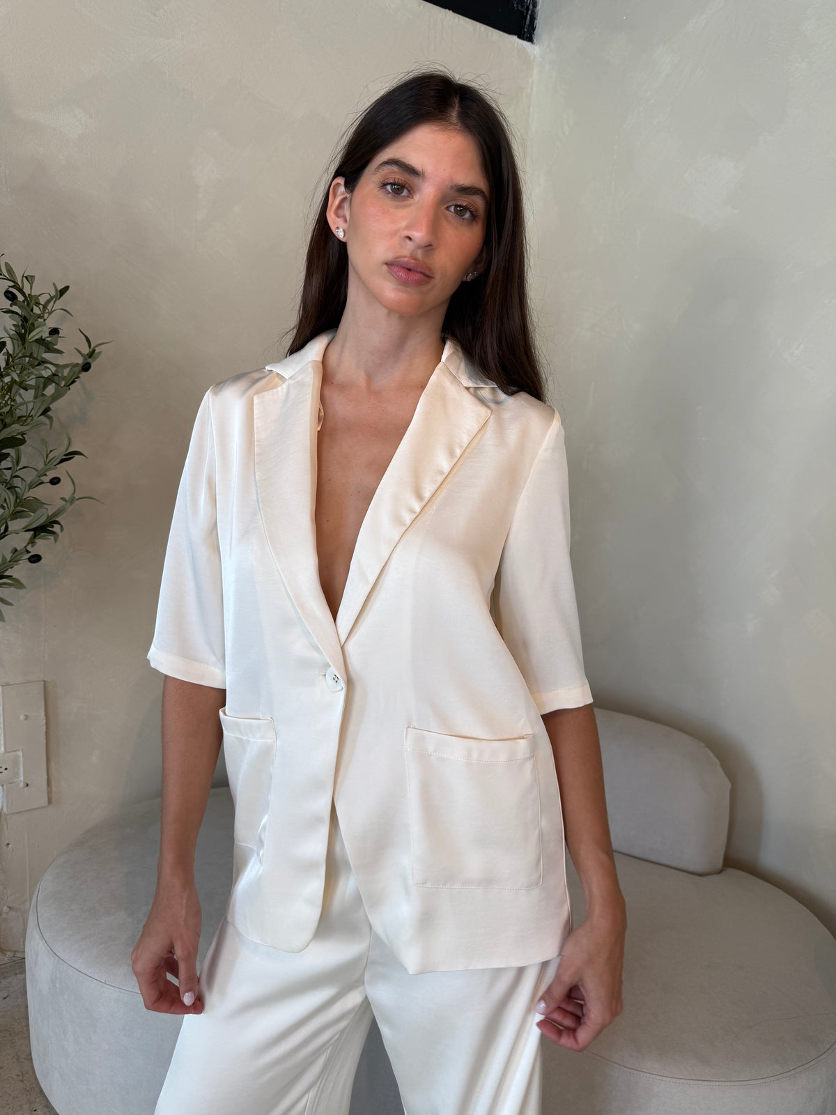 Cream Satin Blazer Set