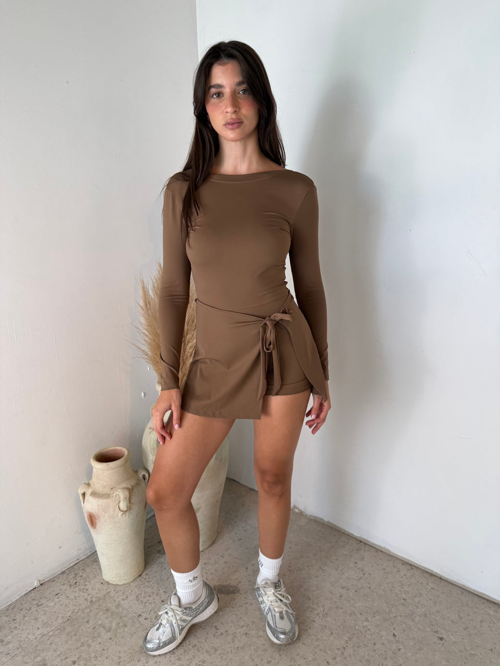 Coffee Tie Front LS Active Dress