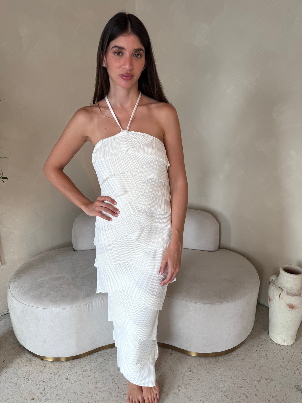 Cream Pleated Midi Dress