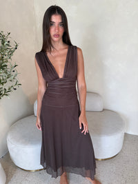 Mesh Brown Polka Midi Dress