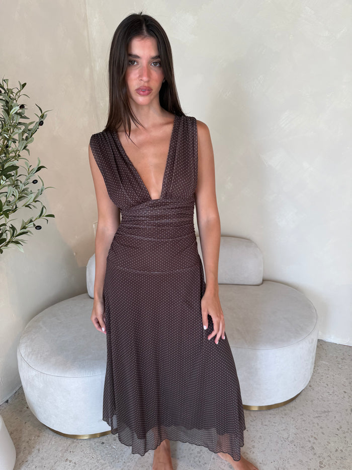 Mesh Brown Polka Midi Dress