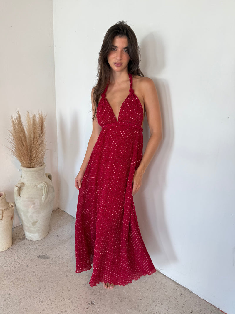 Polka Pleated Halter Dress