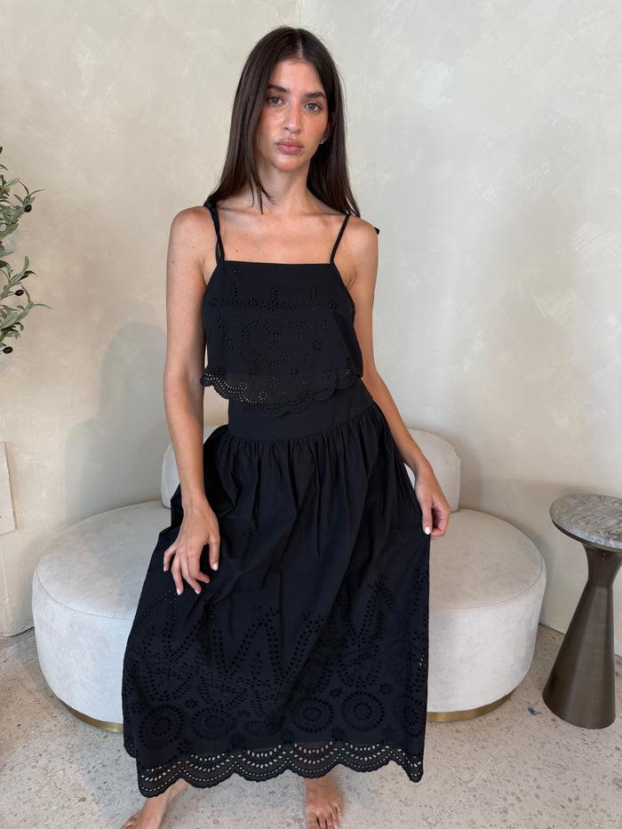 Black Embroidered Top & Midi Skirt Set