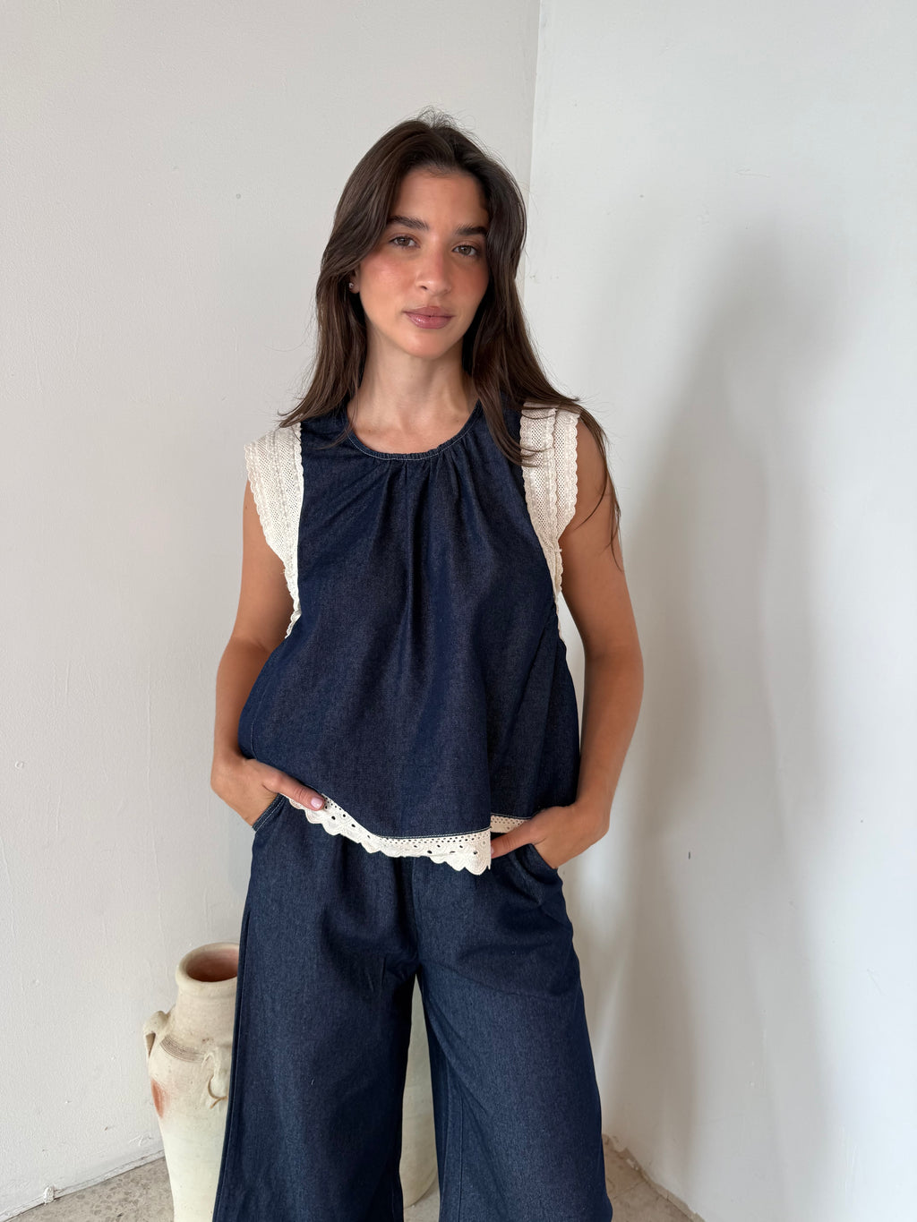 Denim Ruffle Lace Top & Pant Set