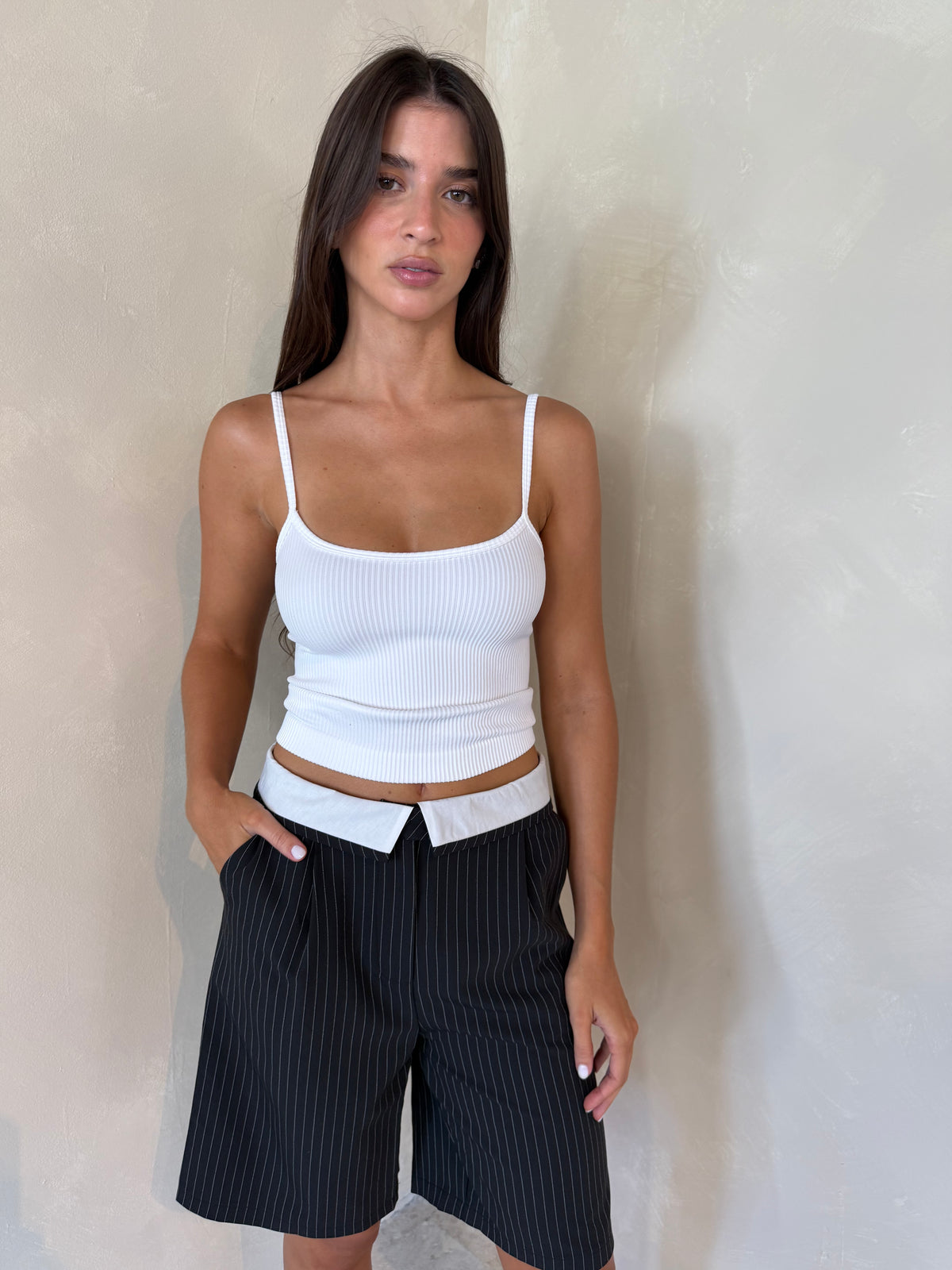 Black Pinstripe Foldover Shorts