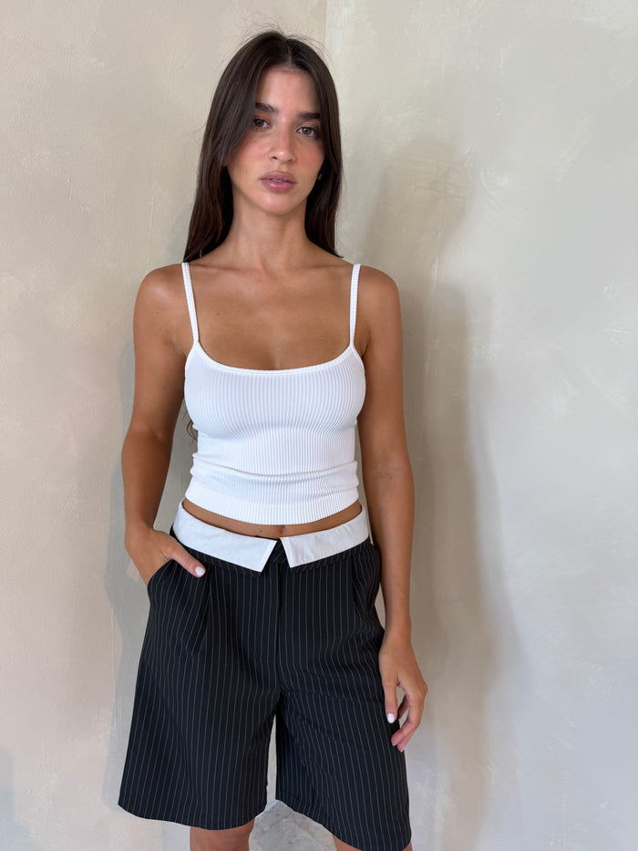 Black Pinstripe Foldover Shorts
