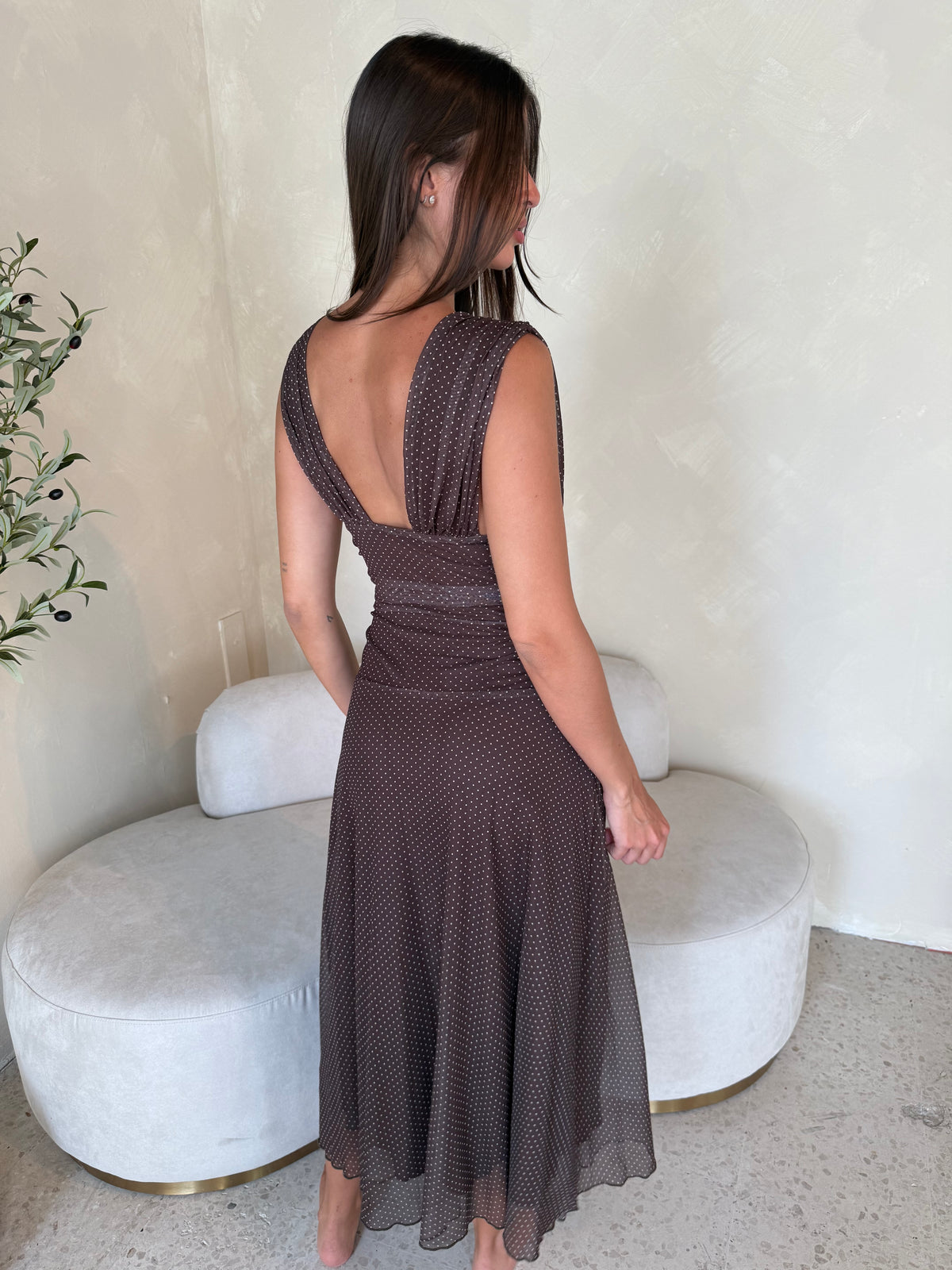Mesh Brown Polka Midi Dress