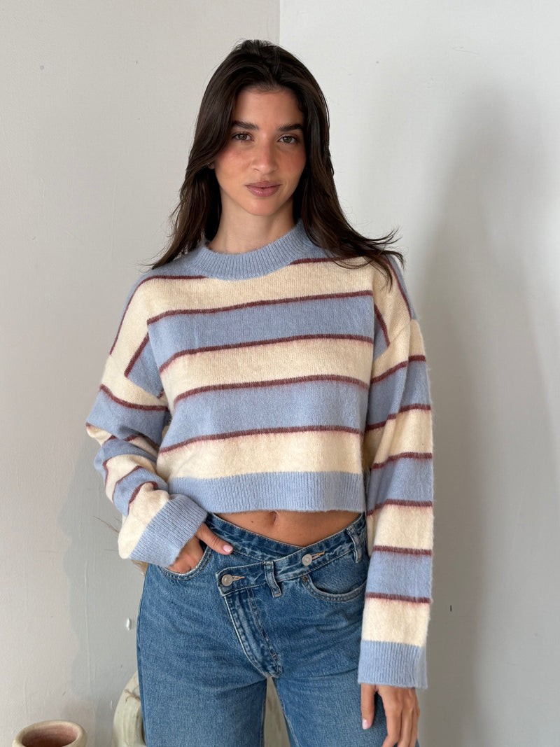 Blue Stripe Fuzzy Sweater Top