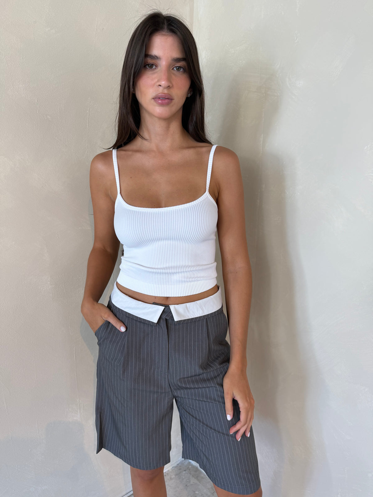 Grey Pinstripe Foldover Shorts