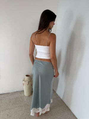 Lace Hem Satin Midi Skirt