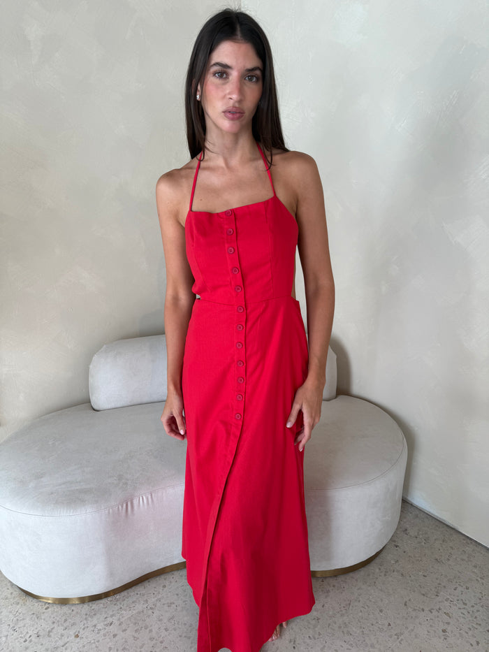 Linen Halter Backless Midi Dress