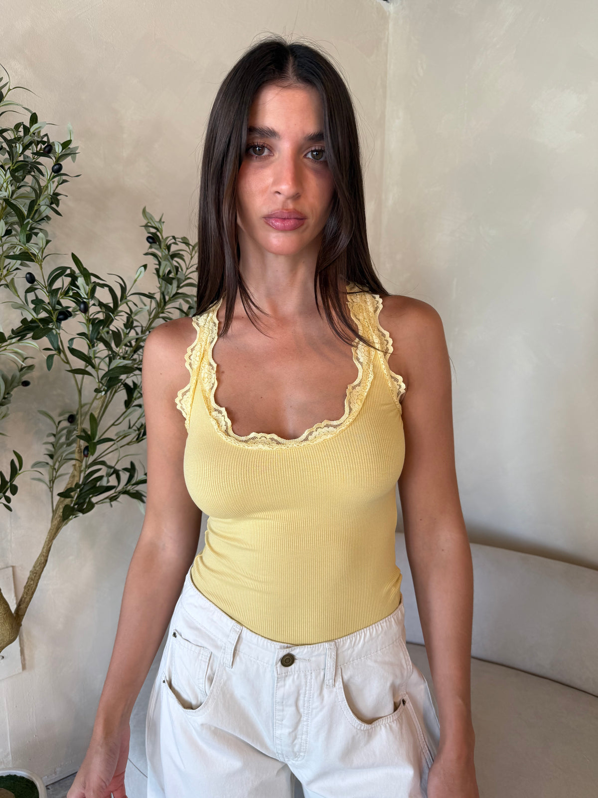 Yellow Lace Trim Tank Top
