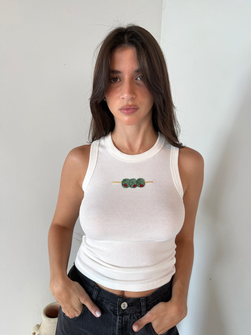 Olive Ribbed Beaded Tank