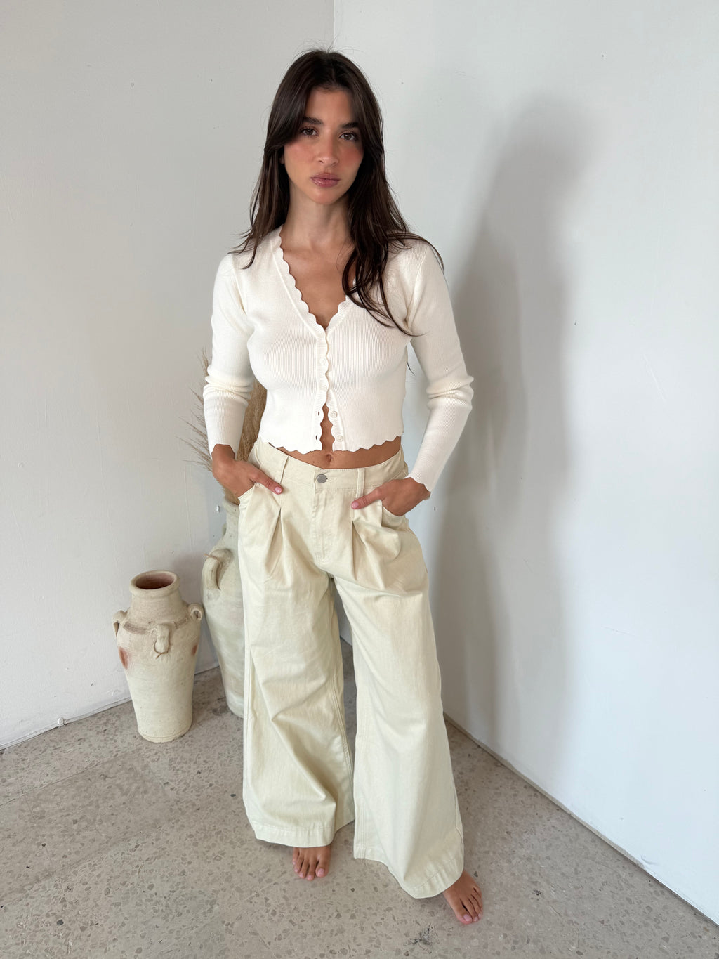 Ecru Pleated Wide Leg Jean