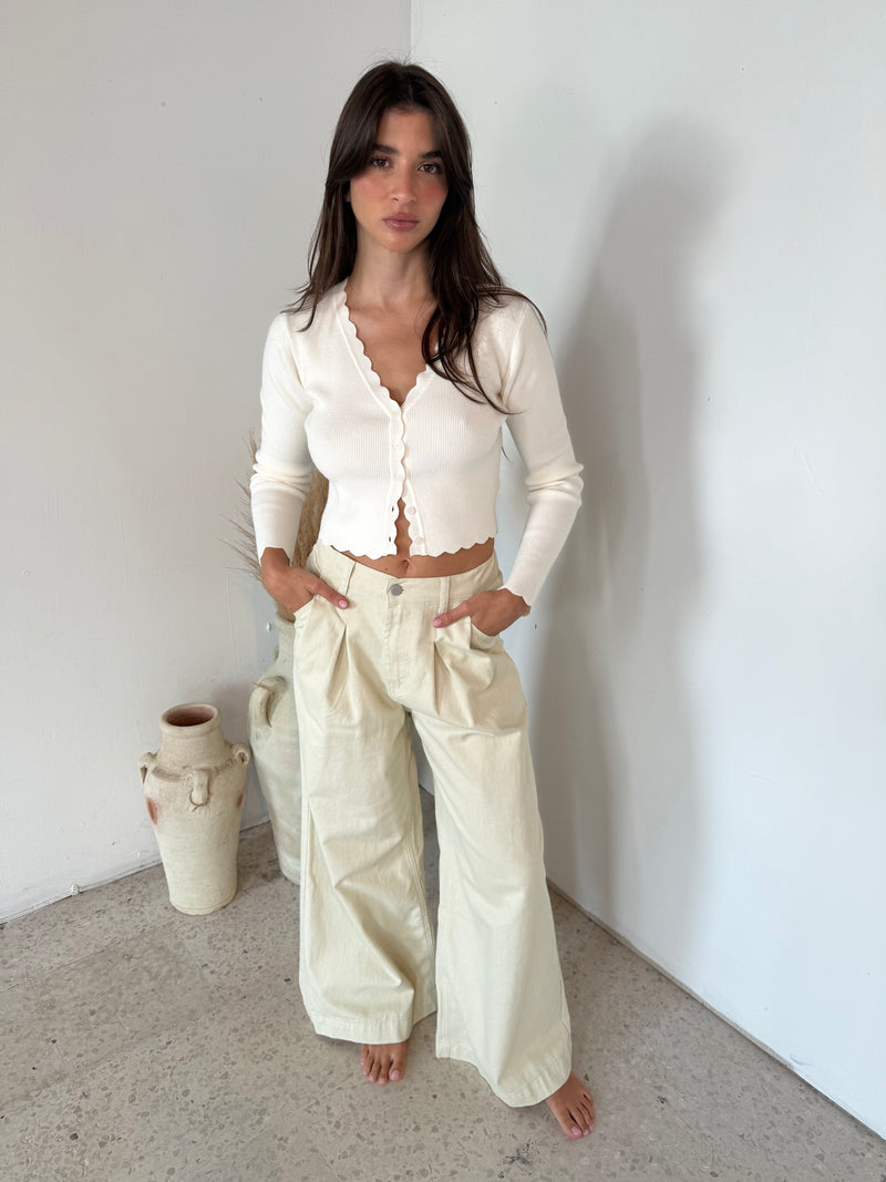 Ecru Pleated Wide Leg Jean