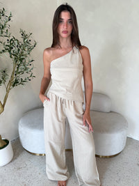 Cream Blue Stripe Top & Pant Set