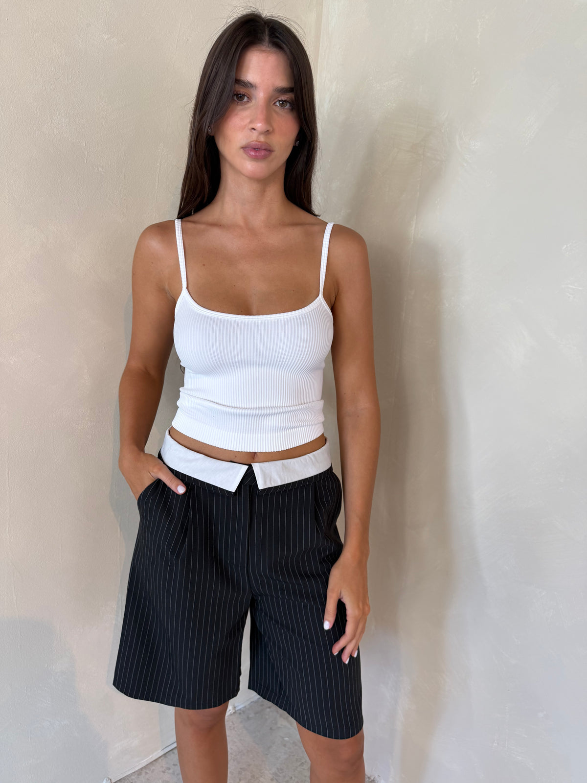 Black Pinstripe Foldover Shorts