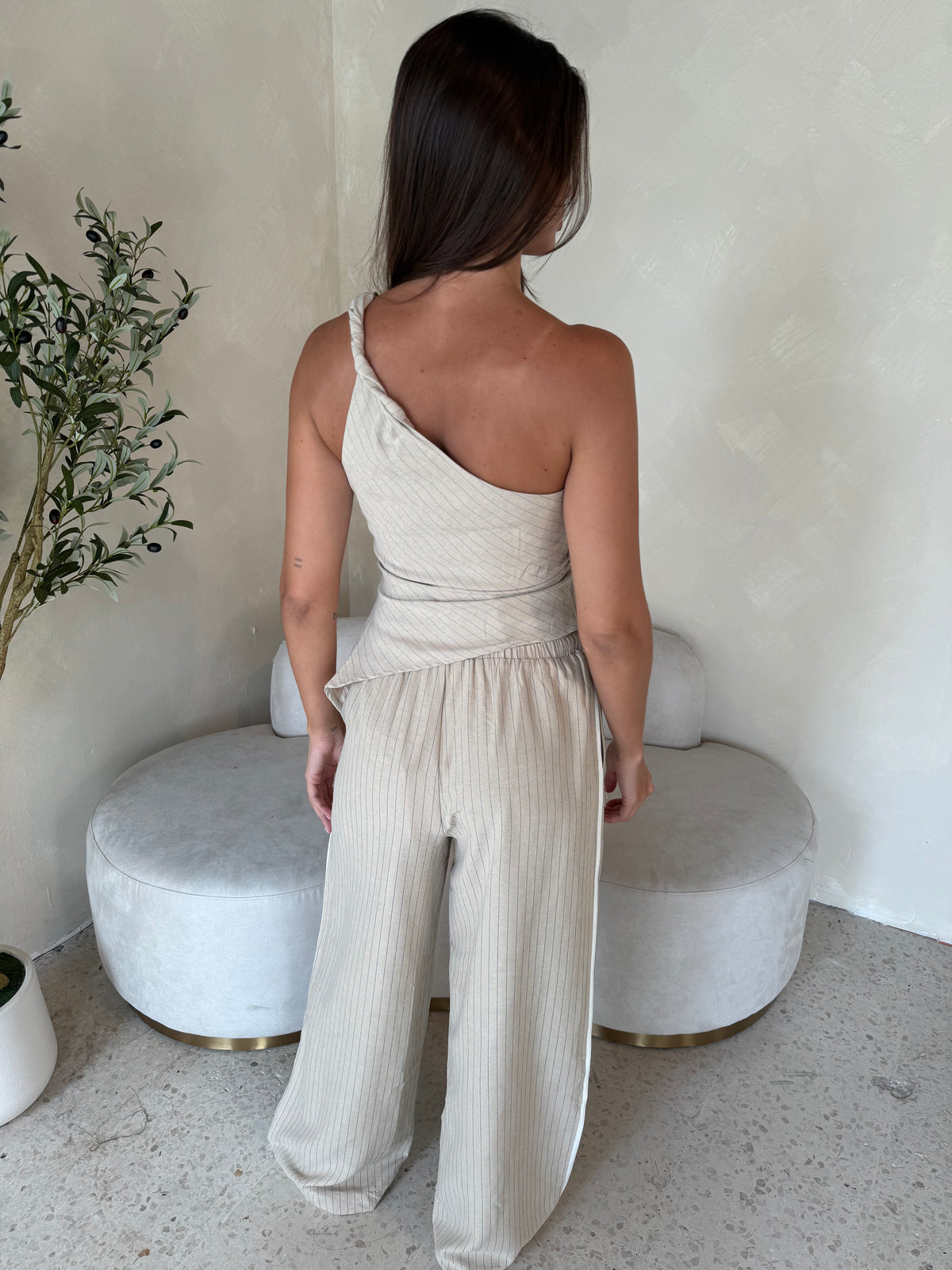 Cream Blue Stripe Top & Pant Set