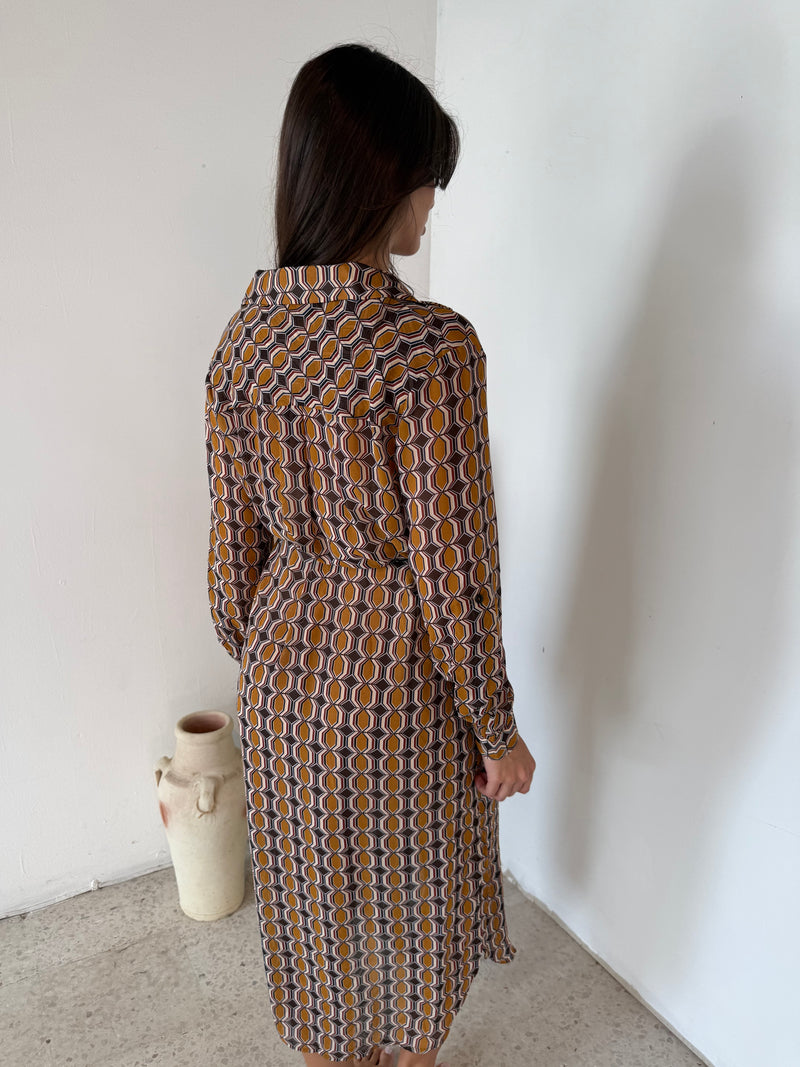 Printed Ochre LS Belted Dress