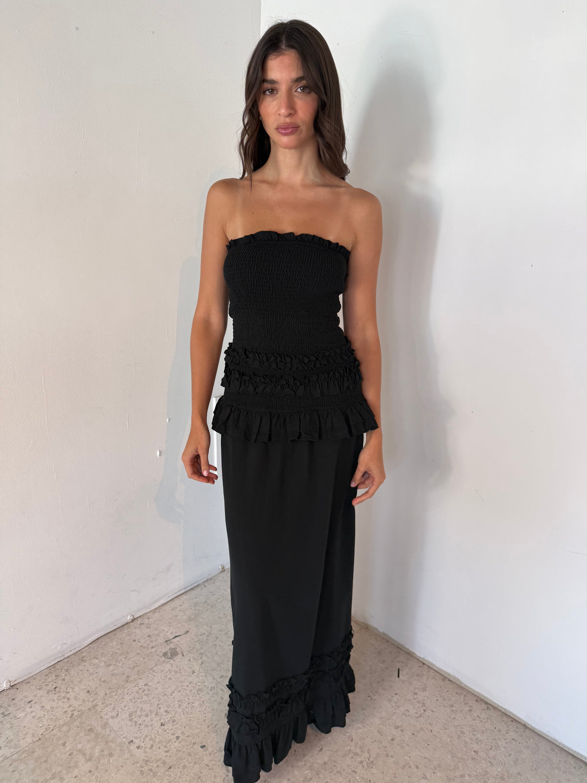Ruffled Smocked Low Waist Maxi Dress