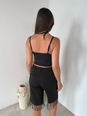 Black Beaded Tassel Knee Length Shorts