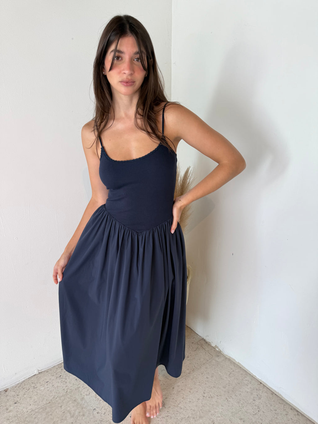 Ribbed Navy Strappy Midi Dress