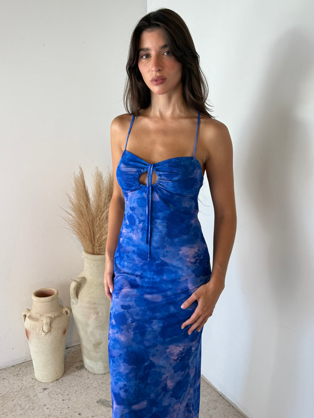 Blue Floral Mesh Maxi Dress