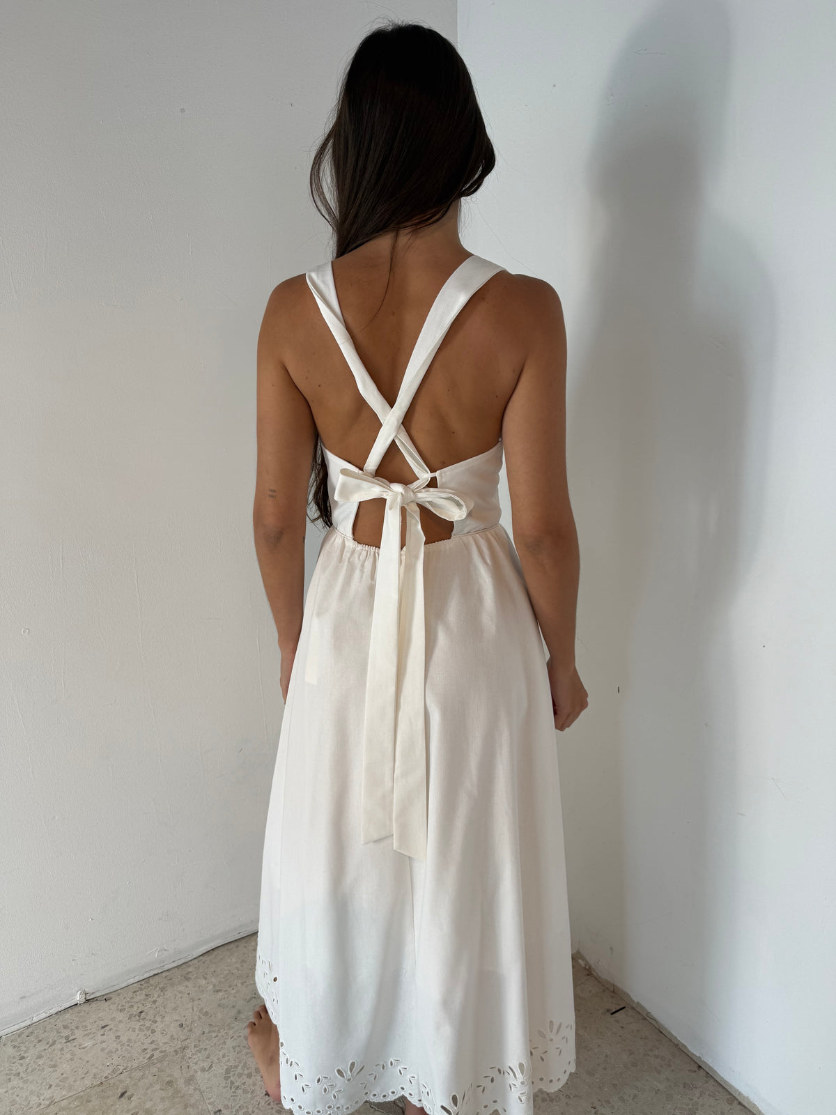 Linen Border Eyelet Midi Dress