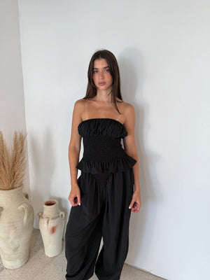 Black Smocked Detail Tube Top & Pant Set