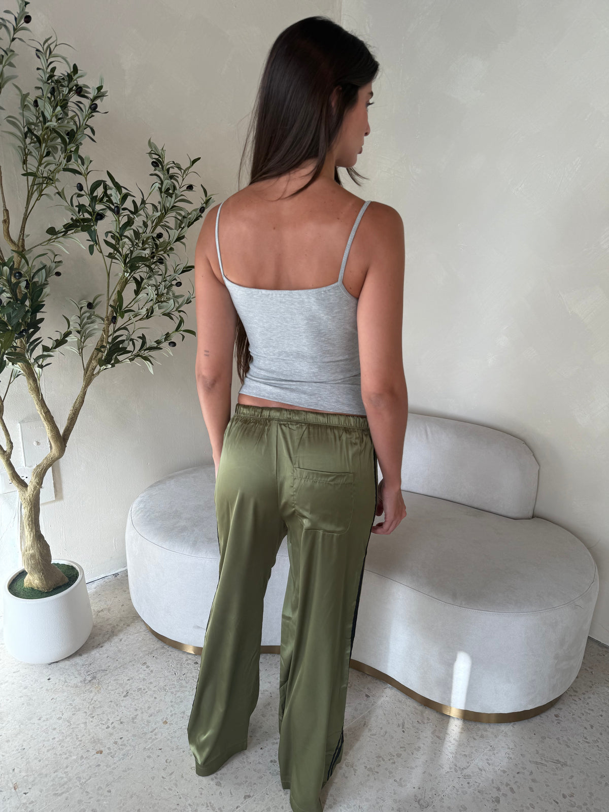 Olive Satin Elastic Pants