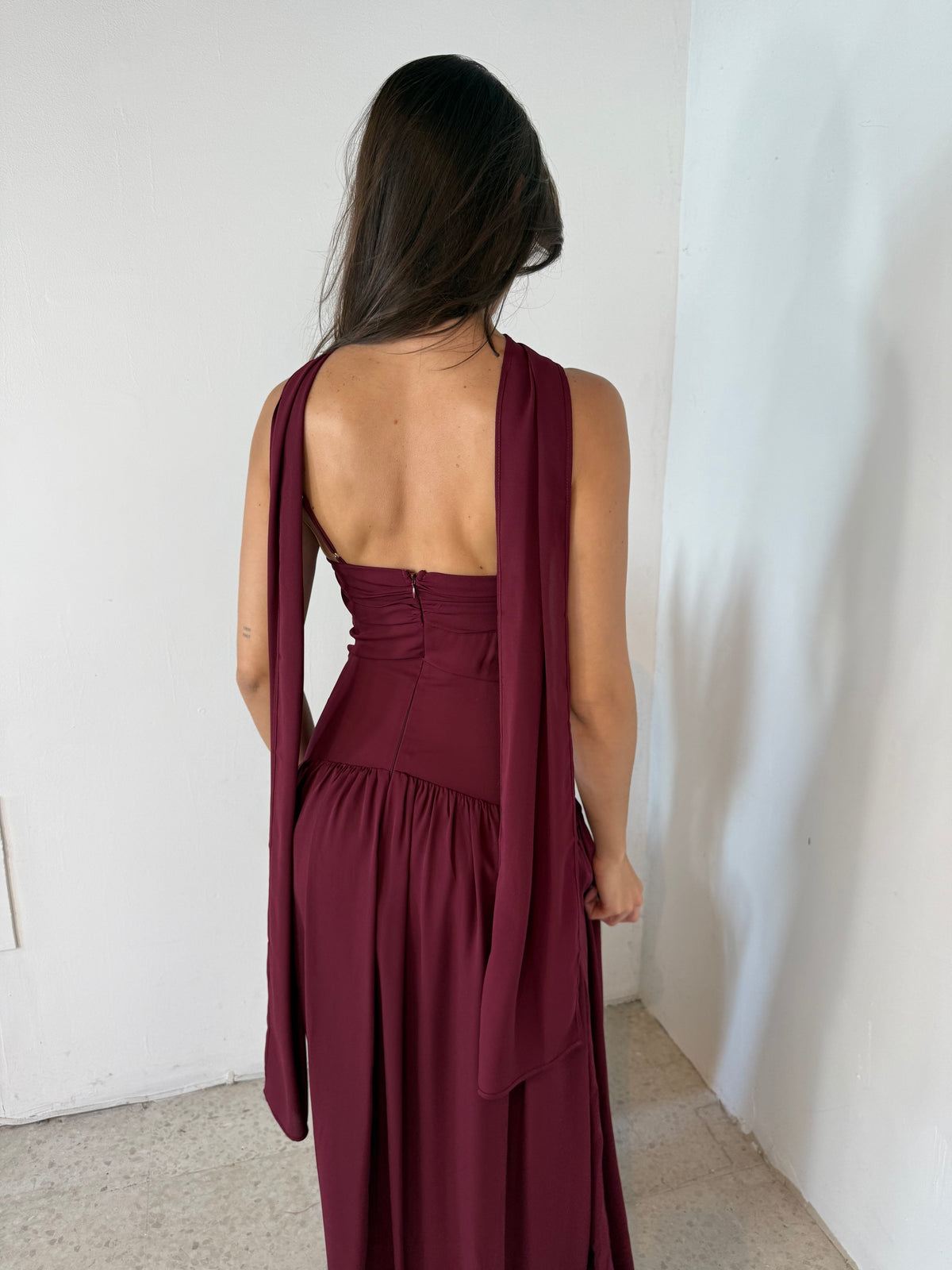 Wine Pleated Long Dress