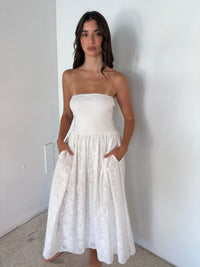 Strapless Knit Bodice Mix Eyelet Skirt Midi Dress