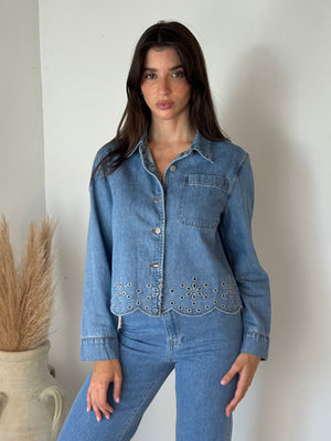 Denim Embroidered LS Top