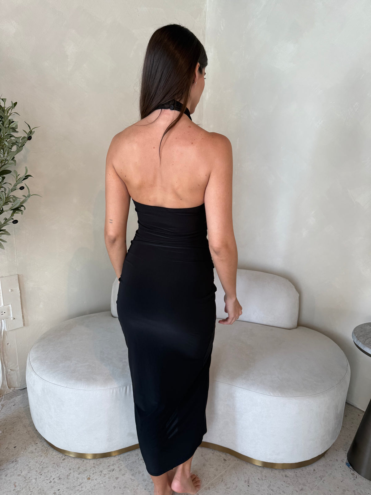 Black Gold Detail Halter Dress