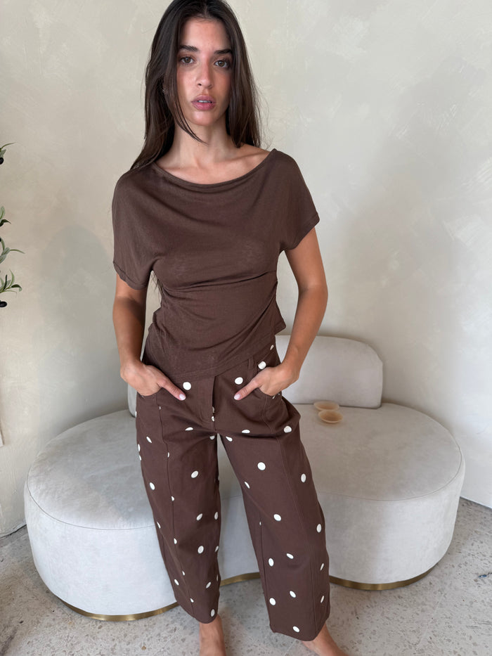 Brown Polka Barrel Denim Pants
