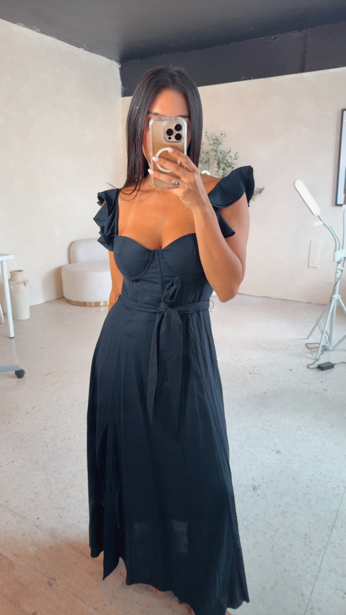 Navy Ruffle Midi Dress